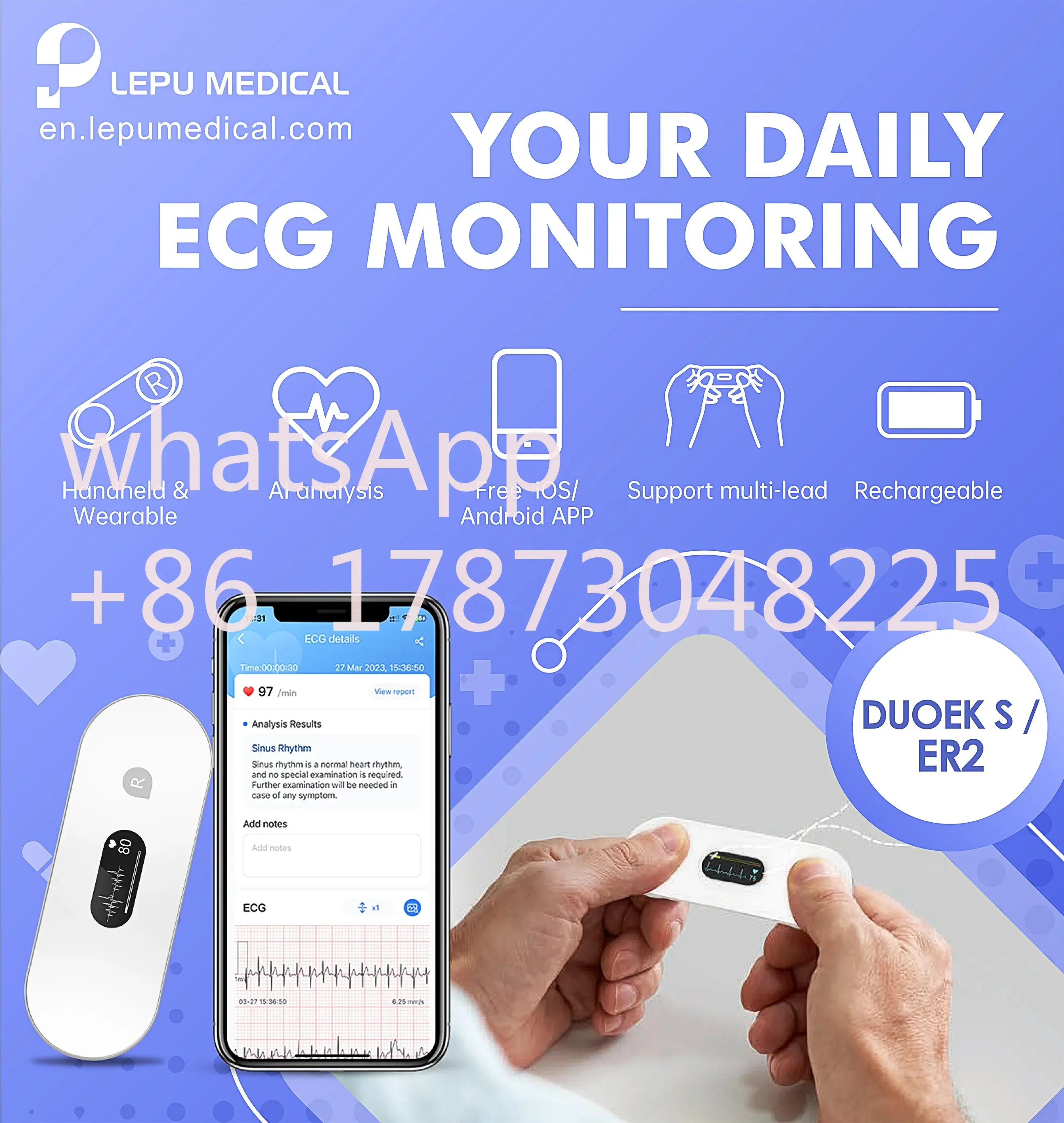 LEPU 24-часовой портативный монитор ЭКГ/ЭКГ Холтер с анализами AI