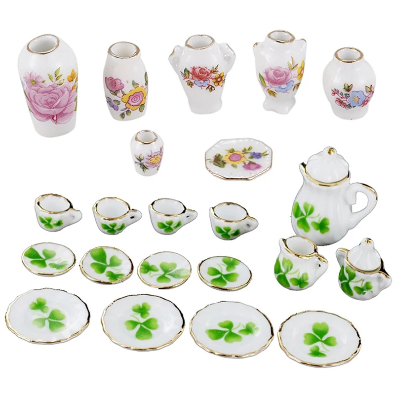 

15X 1/12 Dollhouse Dining Ware Porcelain Tea Set Pot Cup Dish Clover Pattern & 7Pcs Ceramic China Porcelain Rose Vase