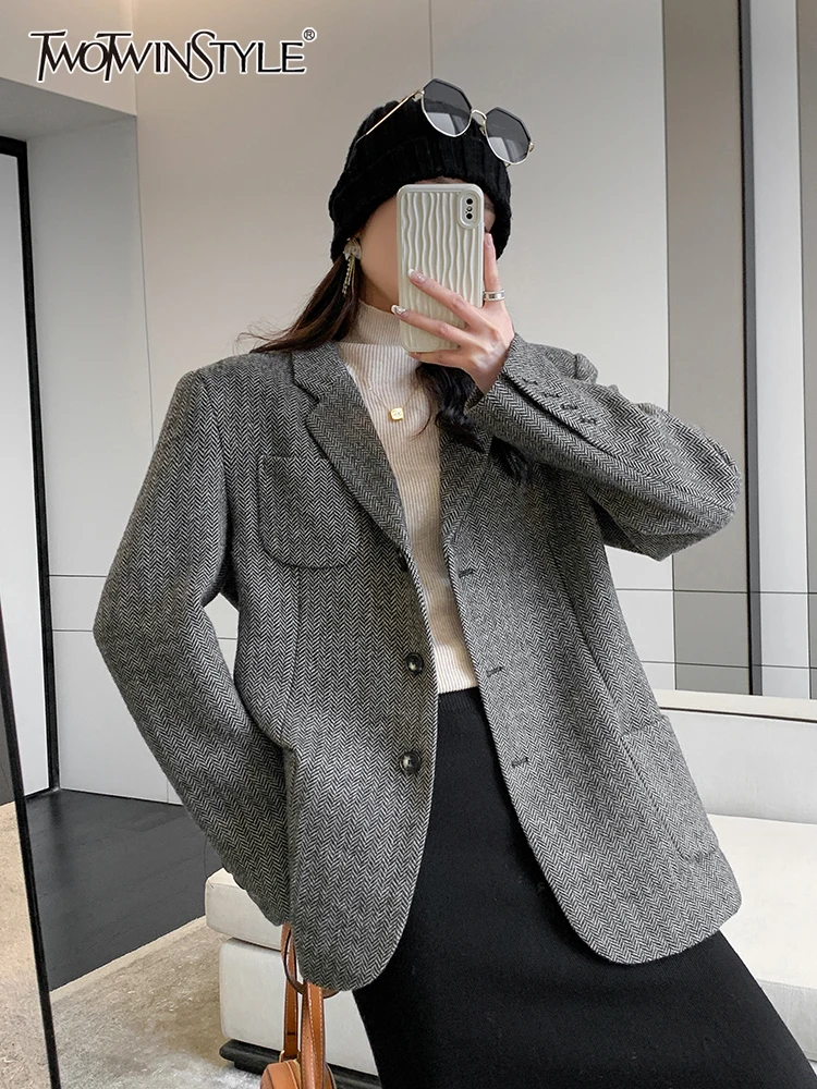 

Женский однобортный Блейзер TWOTWIN, свободный блейзер с английским воротником и длинным рукавом, в стиле ретро