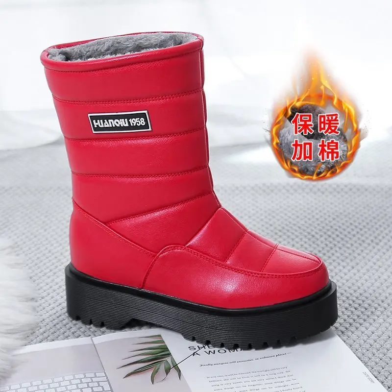 

Повседневные теплые плюшевые зимние ботинки с нескользящей водонепроницаемой платформой для снега женские ботинки обувь до середины икры ...