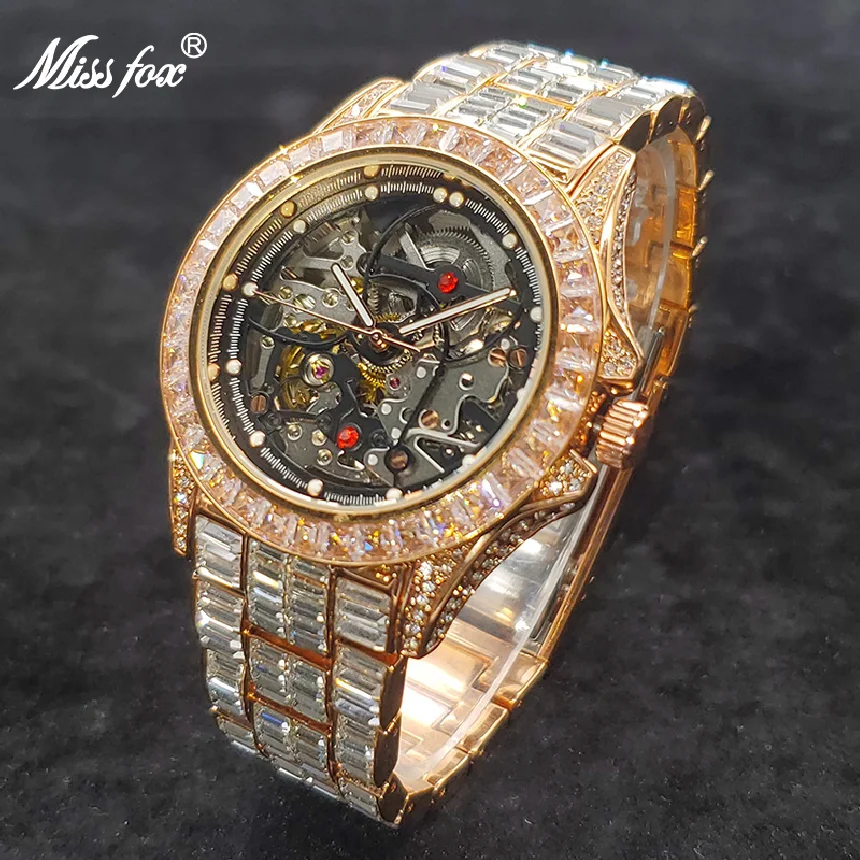

New Automatic Tourbillon Watch for Men Mechanical Skeleton Rose Gold Mens Watches Rado Waterproof Full Diamond Top Brand Luxury