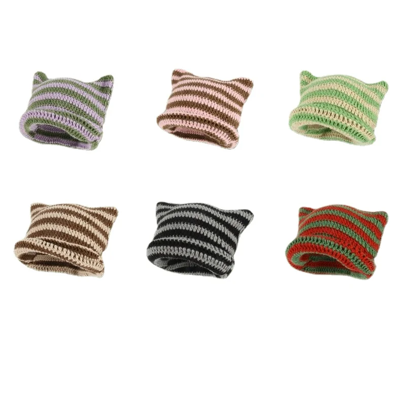 

New Cute Kids Teen Hat Ins Little Striped Knitted Wool Cap Autumn and Winter Cute Cat Ears Pointed Pullover Women's Hats
