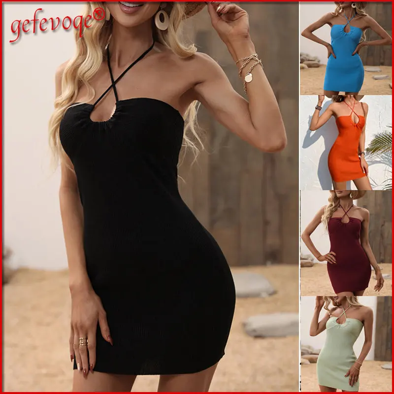 

Sexy Bandage Backless Knit Bodycon Party Elegant Female Dresses Casual Solid Beach Sundress 2022Spring Summer Women's Mini Dress