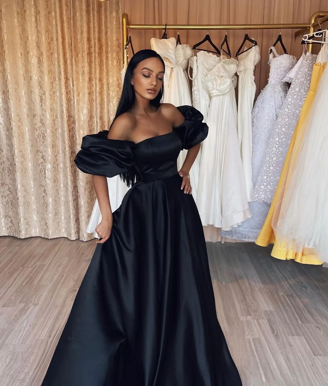 

Sapmae Off-the-shoulder A-line Half Sleeve Court Train Vent Prom Evenning Cocktail Formal Party Dress For Women In Summer