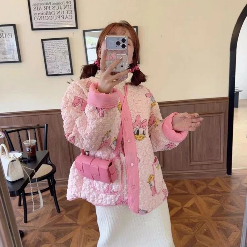 Флисовые парки Disney Дональд Дак розовые Мультяшные плюшевые пальто на пуговицах