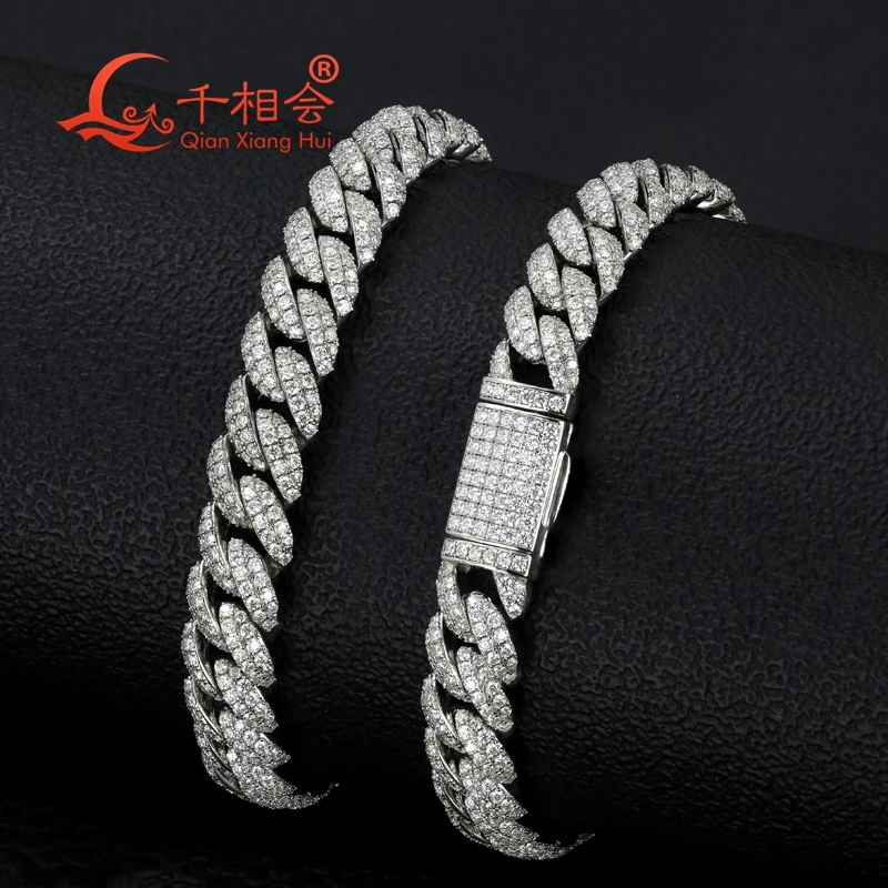 Bracelet 10mm width half moon  Sterling Silver Cuban Chain Moissanite Diamond Hip Hop Style  925 Silver Miami Cuban Link Chain