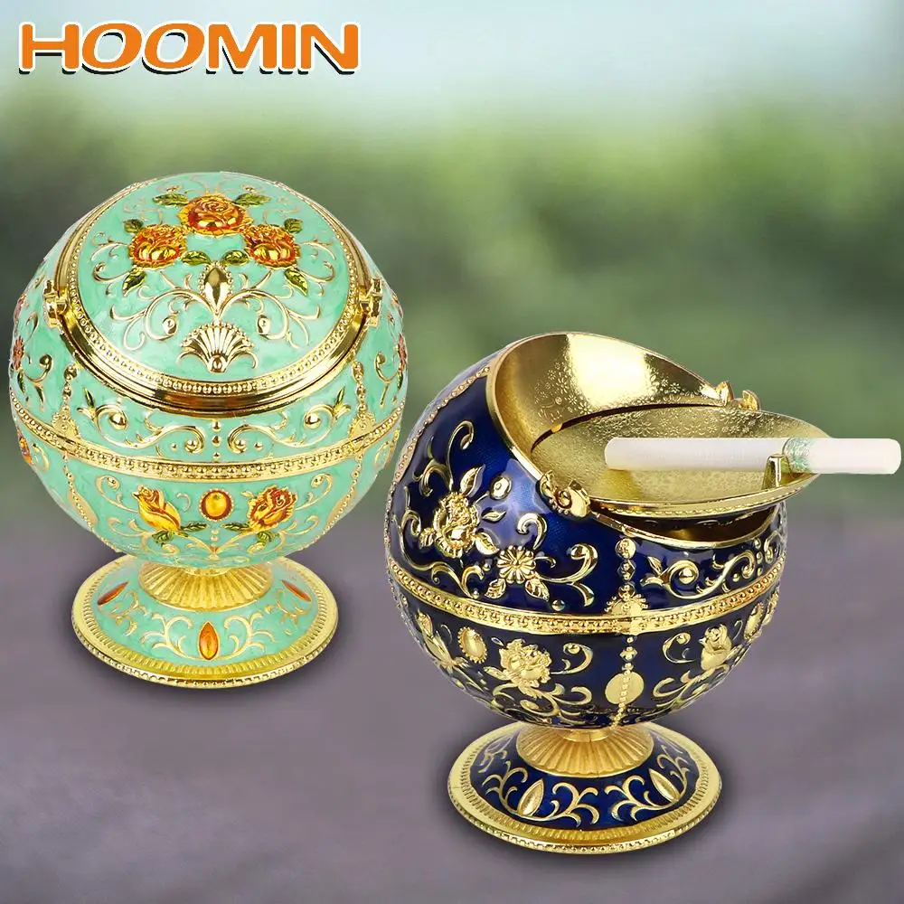 

HOOMIN Home Decoration Zinc Alloy Ashtray with Lid Flower Pattern Globe Shape Cigarette Ashtray For Home Office Hotel