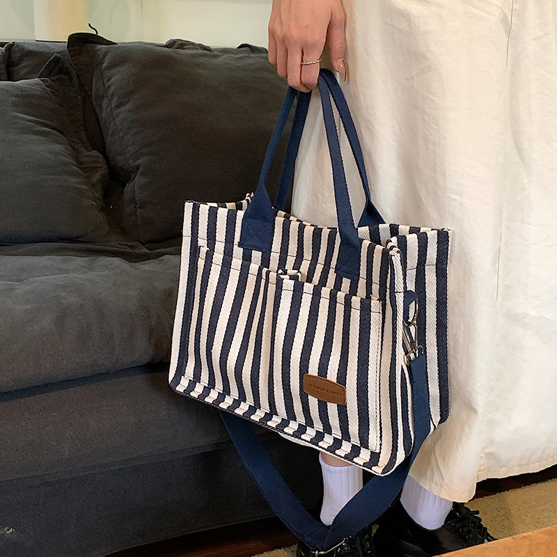 Casual Canvas Shoulder bags for women 2023 Crossbody Bags Cotton Cloth lunch bag Purses and stripe Handbags For Girls makeup bag