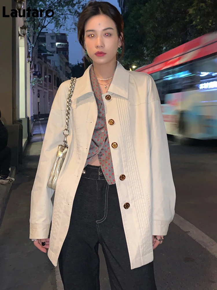 

Lautaro весна осень свободная плиссированная мягкая рубашка из искусственной кожи женская с разрезом сзади с длинным рукавом Стильная корейск...