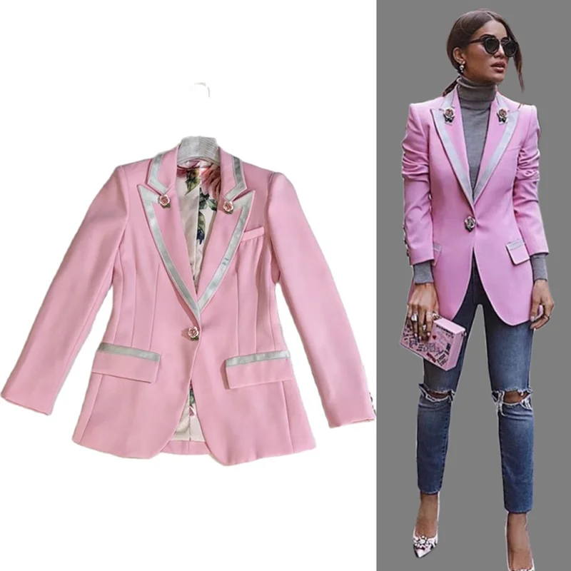 Newest Fashion 2023 Designer Blazer Women's Long Sleeve Floral Lining Rose Buttons Pink Blazer Outer Jacket