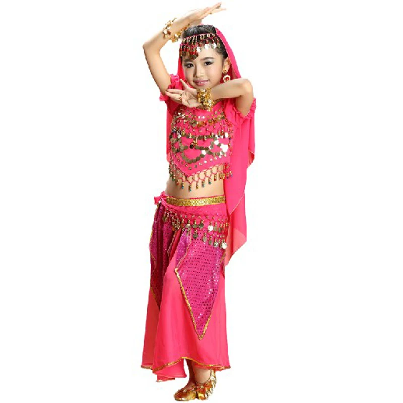 Костюм для танца живота для девочек, Шелковый костюм из 4 предметов (топ + юбка + цепочка на талии + вуаль), индийская ткань, для танца живота от AliExpress RU&CIS NEW