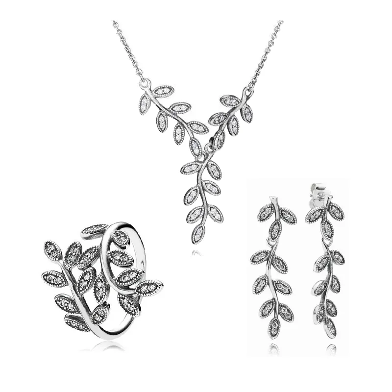 

925 Silver Women's Tassel Necklace Earrings Ring Set Clavicle Chain Shiny Family Tree Wedding Bridesmaid Gift Dinner Accessories