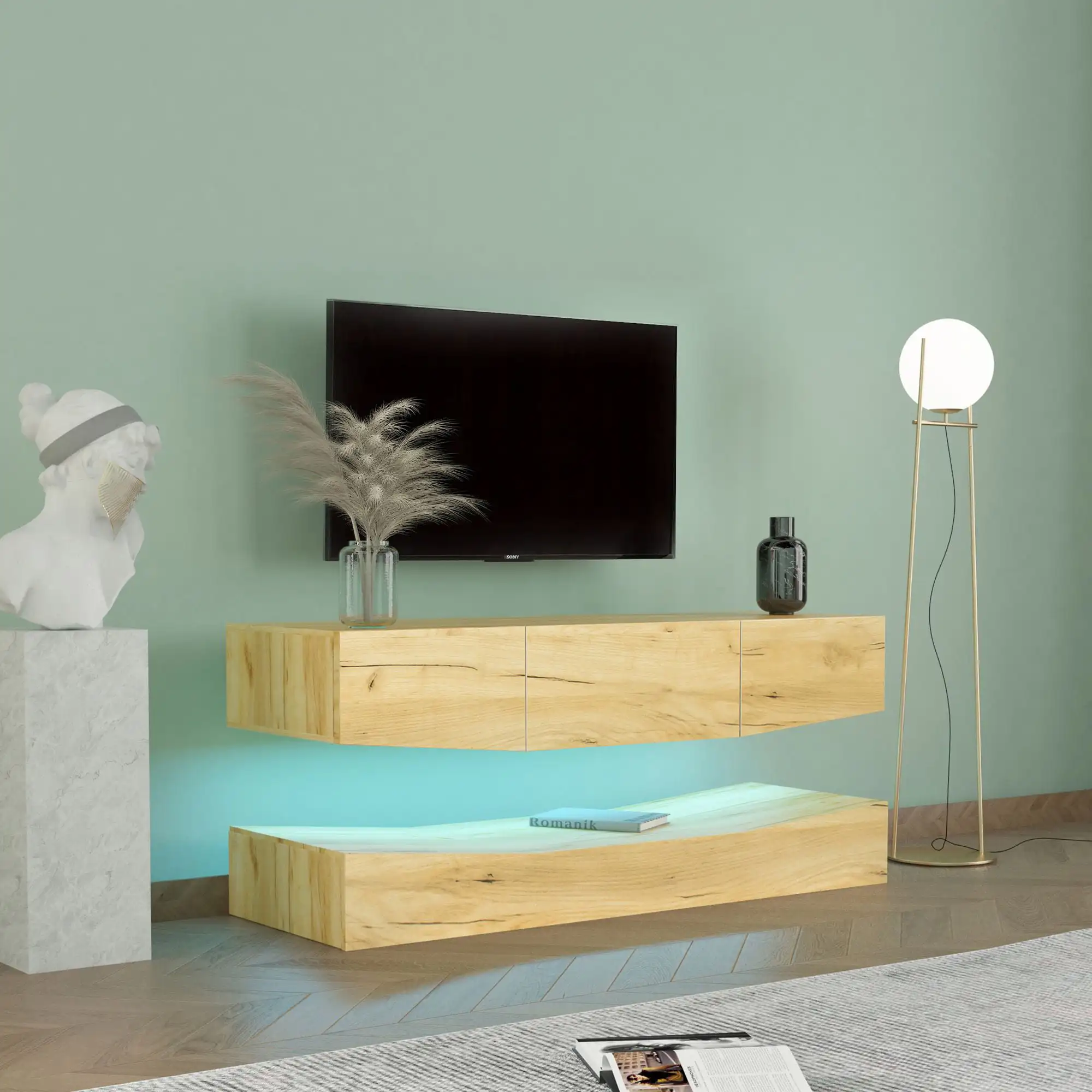 

Floating TV Stand - Wall Mounted TV Cabinet with 3 Drawers and LED Lights - Oak