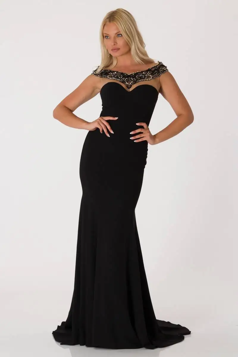 

Collar Detailed Fish Evening Dress Black