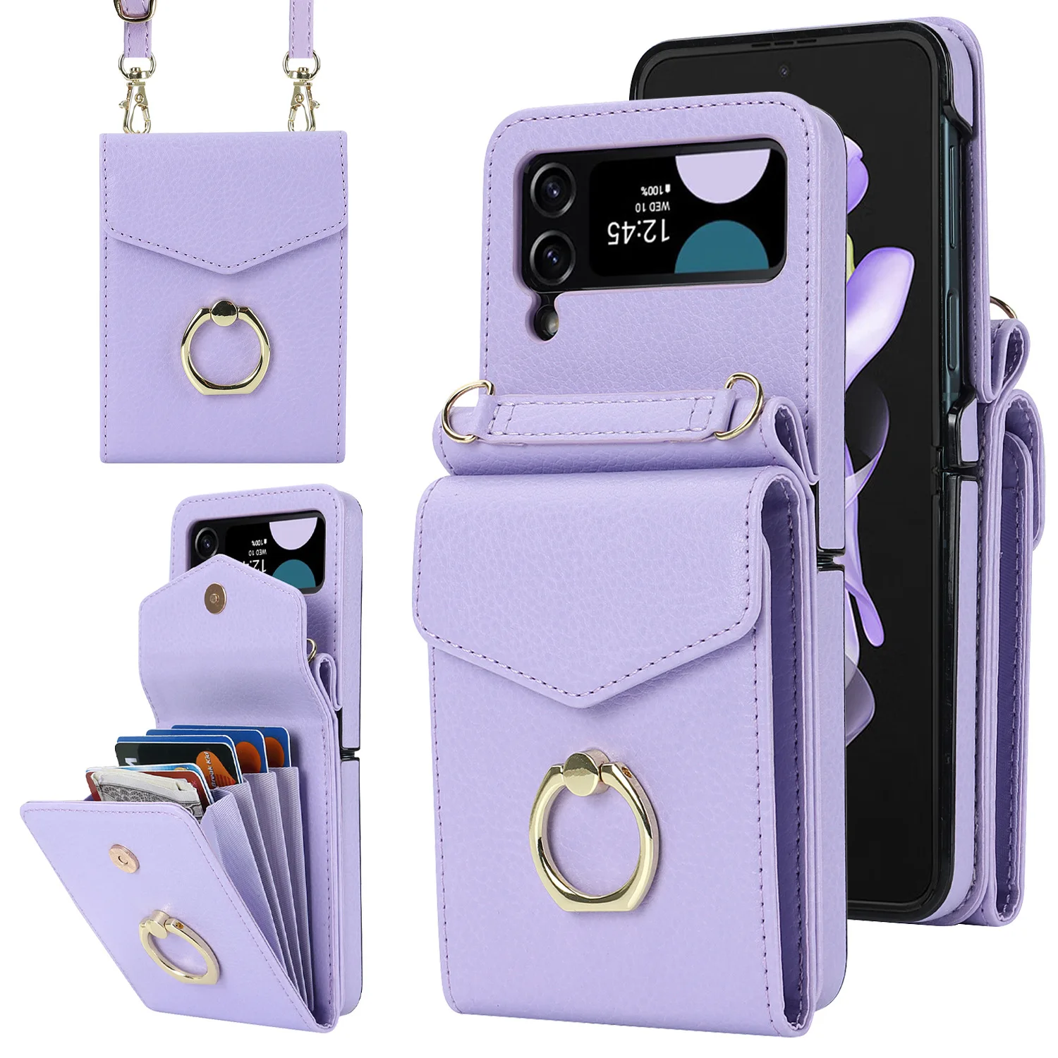 

Ring Stand Crossbody Case For Samsung Galaxy Z Flip 4 3 Flip4 Flip3 5G RFID Blocking Organ Card Holder Lanyard Leather Cover