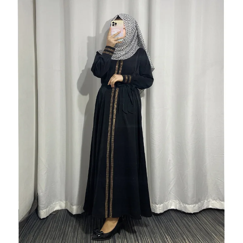 Black Bangladesh Women Lace Maxi Abaya Dubai Turkey Muslim Hijab Dress 2022 Plus Size Diamond Shiny Boubou Long Sleeve Dress