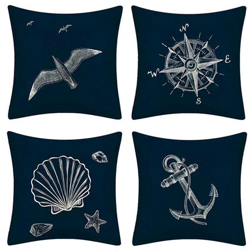 

Blue Compass Anchor Pillowcase Ocean Shell Fish Nautical Pillow Cover Navigation Home Decorative Mediterranean Cushion Cover