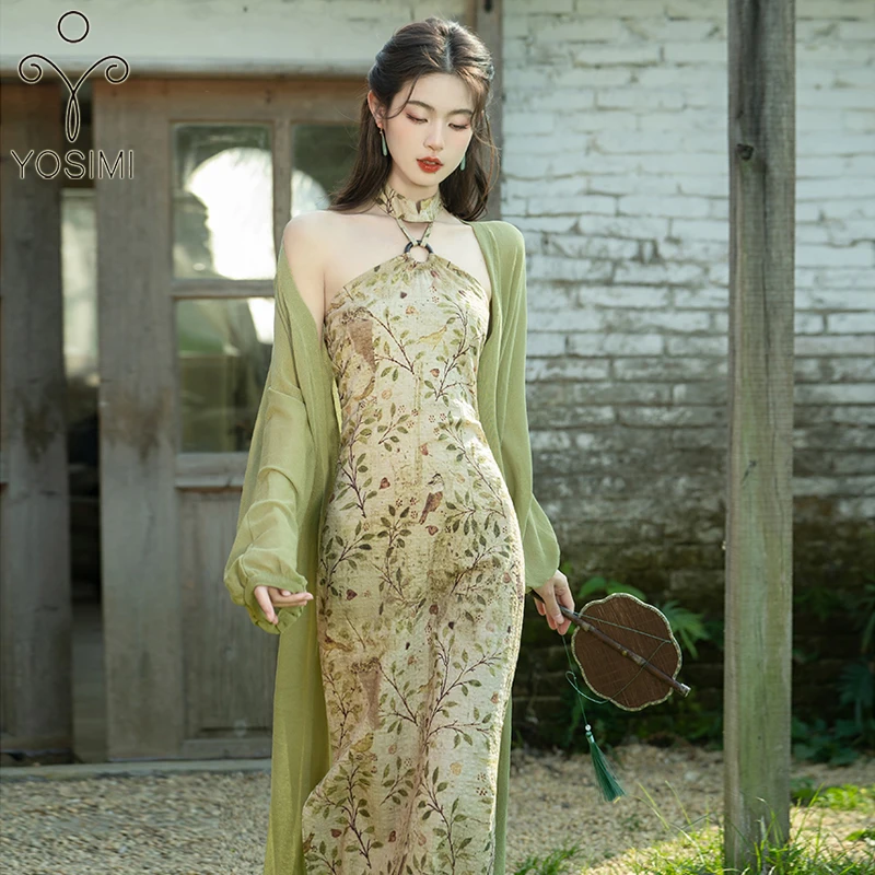 

Женский костюм из двух предметов YOSIMI, летнее пальто с длинным рукавом и искусственное зеленое Цветочное платье в китайском стиле на подтяжках, элегантное праздничное платье, 2023