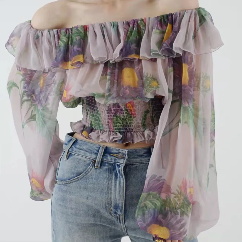 

Woman Off Shoulder chiffon Crop T-shirt Daisy Printed Ruffle lantern sleeve Crop T-shirt Free Size 5Color