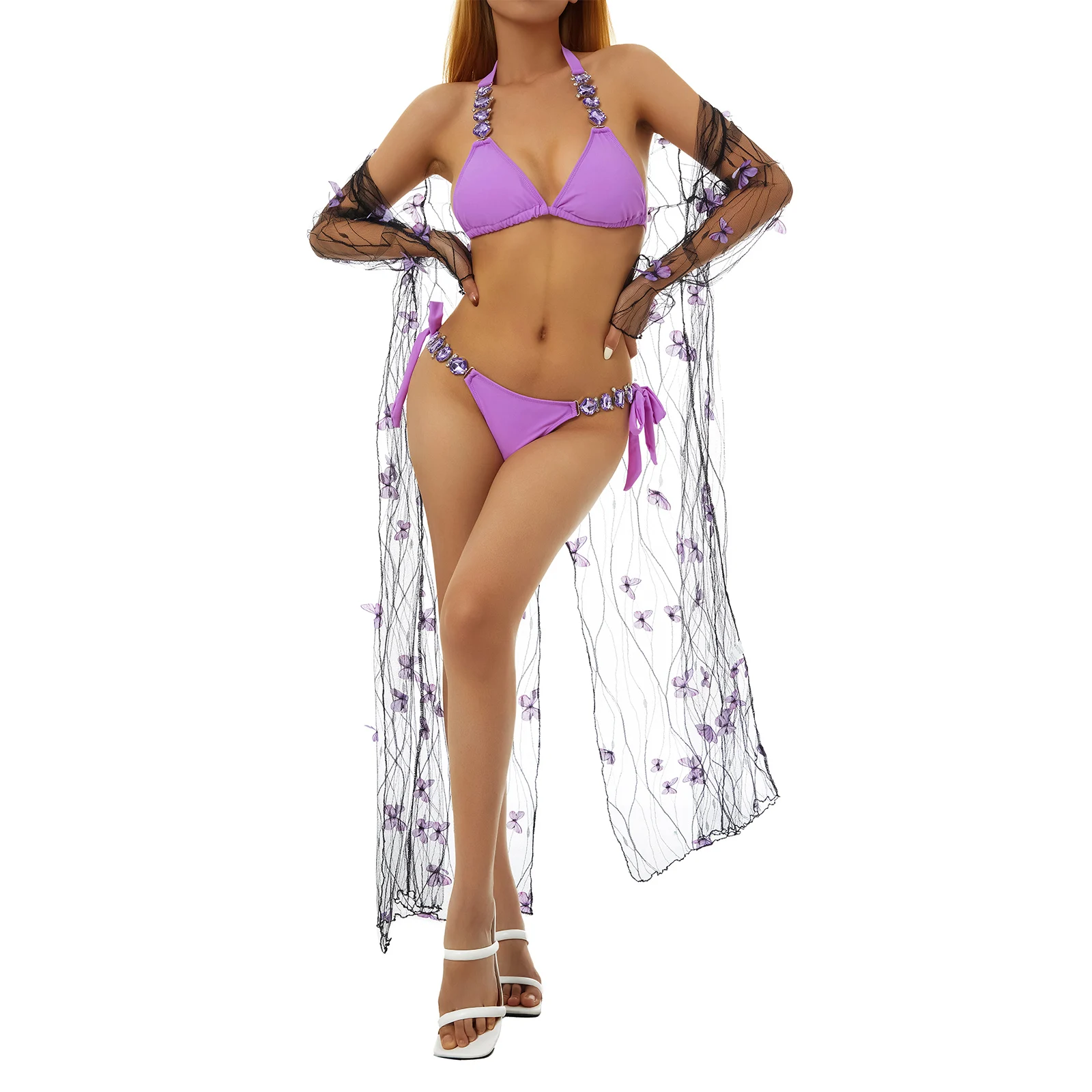 

Women Clothing Charming Swimwear Cover Up Polyester Long Sleeve Sheer Butterfly Solid Color Ankle Long Dress