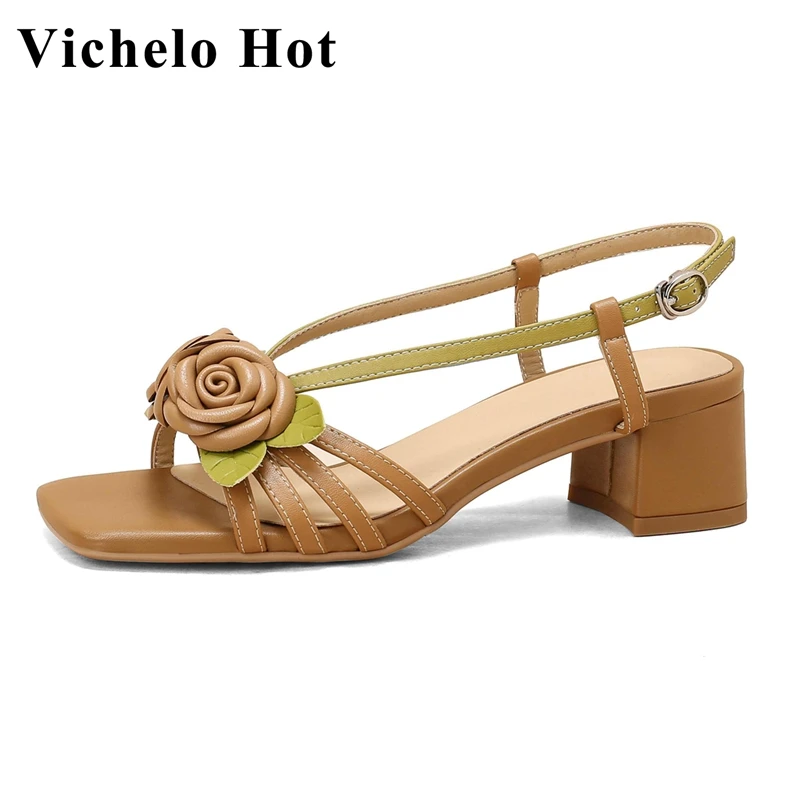 

Vichelo Hot Genuine Leather Peep Toe Med Heel Summer Shoes Flower Decoration Korean Style Beauty Lady Dating Women Sandals L16