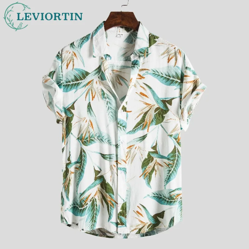 

Mens Tropical Leaves Print Short Sleeve Vacation Hawaiian Shirt For Male Beach Breathable Blouse Tops