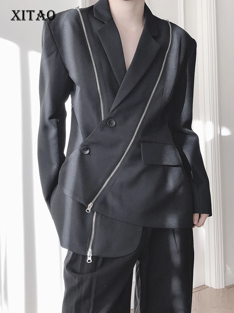 

XITAO Personality Women Blazer Hollow Out Zipper Splicing Fashion Irregular Loose New Street Trendy All-match Top FBB1314