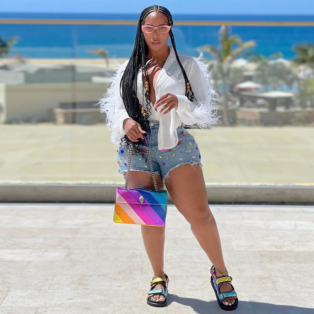 MUDAN 2023 Women's Tassel Brushed Denim Shorts Colorful Diamond Jeans Casual Fashion Straight Leg Pants