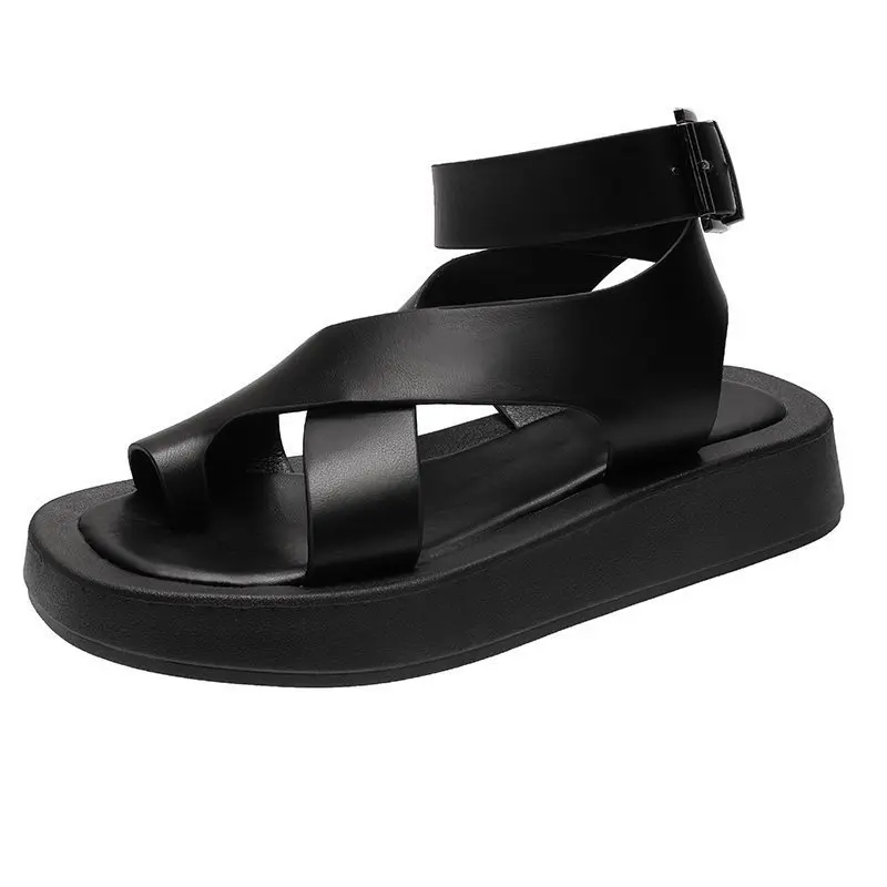 

Sandals Women Solid Leather 2022 Summer New Clip Toe Sandals Ladies Roman Women Shoes Muffin Sandals Platform Shoes Woman