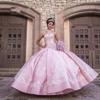 sexy halter sleeveless pink quinceanera dresses for sweet 16 year girl birthday party ball gown vintage satin puffy debut dress