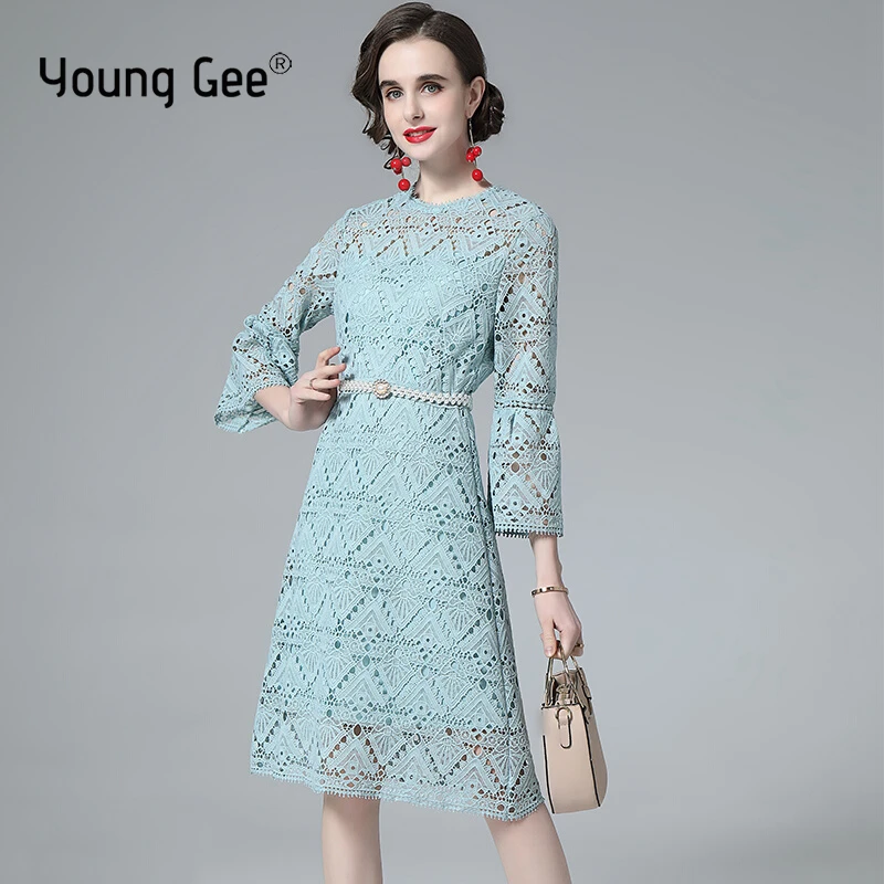 

Young Gee Romantic Women Lace Floral Party Dress Spring Summer Elegant Flare Sleeve Blue White Black Knee-length Dresses Vestido