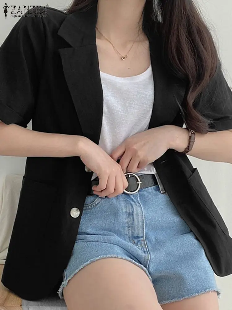 

2022 Summer Solid Thin Outwear Fashion OL Lapel Cardigans Oversized Women Vintage Cotton Blazer ZANZEA Casual Short Sleeve Tops