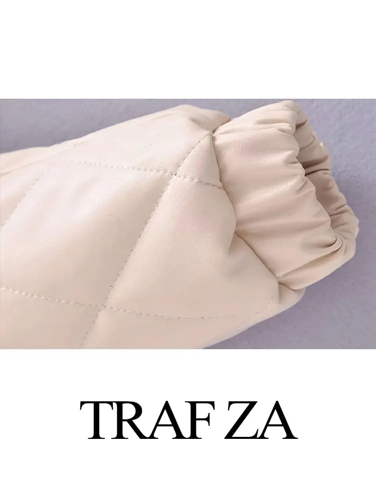TRAF ZA Winter Women's Clothing Faux Leather Cotton Padded Jacket Zipper Loose Warm Thick Coats Fashion Female Chic Outerwear