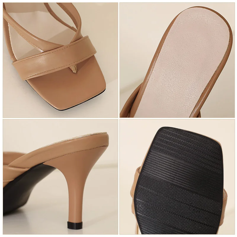 Outside Slippers Women Summer Fashion Concise Pu Leather Rubber Sole Adult Thin High Heels Slides Plus Size 43 Shoes White Black