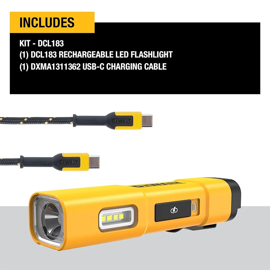 Светодиодный фонарик DEWALT перезаряжаемый с зажимом для ремня и крючком USB