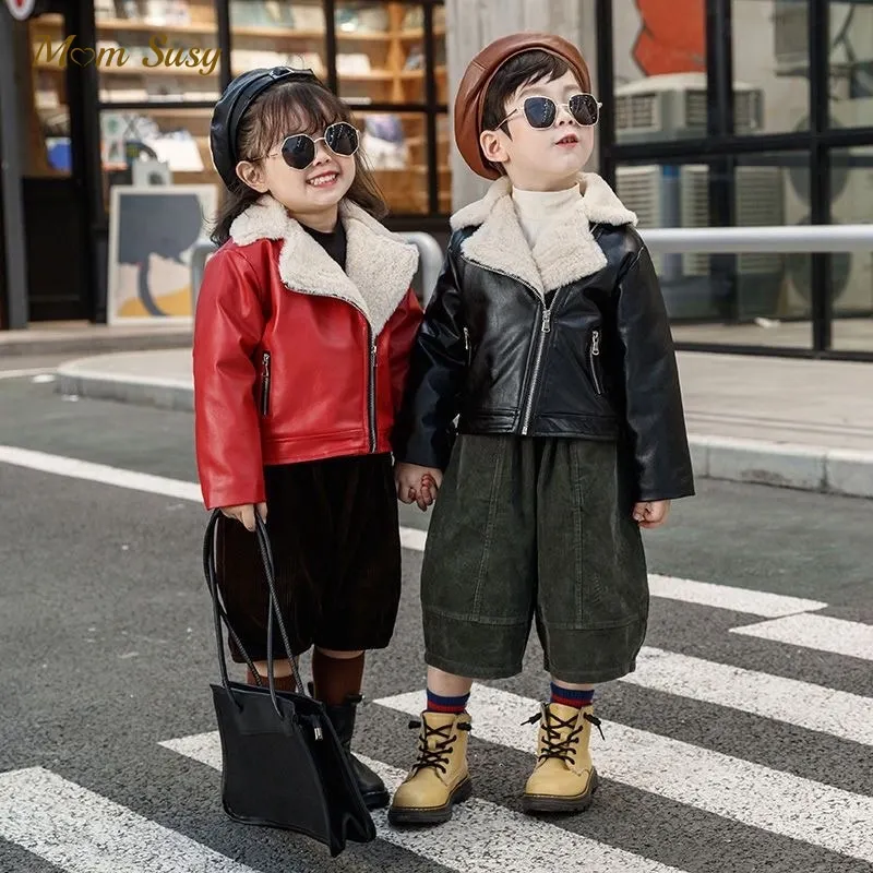 

Модная зимняя куртка из искусственной кожи для маленьких девочек и мальчиков детское теплое кожаное пальто с хлопковой подкладкой толстая ...