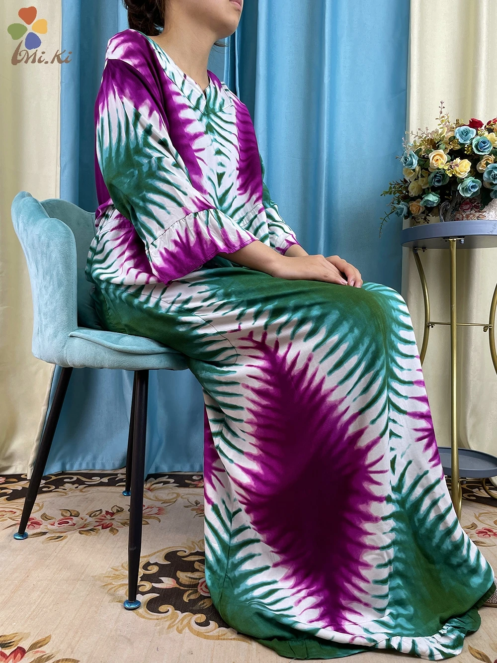 Muslim Abaya Dress New African Women Long Sleeve Belt Colorful Dashiki Cotton Floral Dress Paired with Scarf Casual Clothing