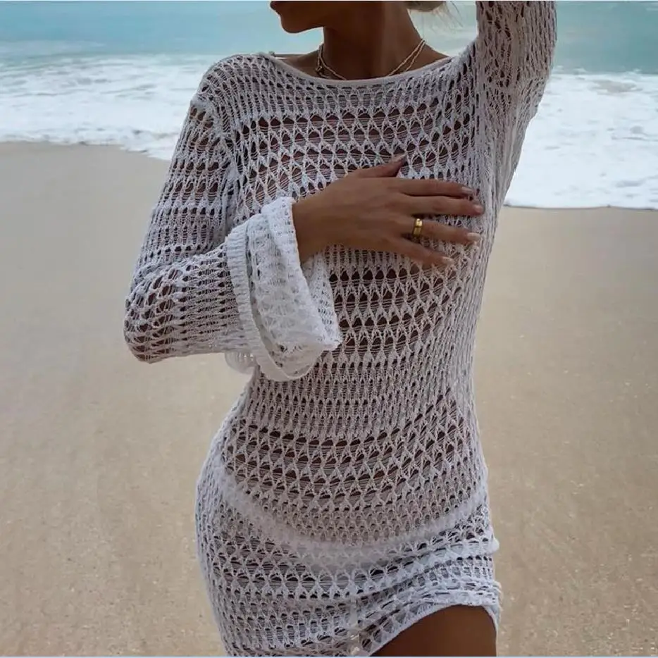 

Yiiciovy Sexy Womens White Solid Hollow Out Cover-up Dress Long Sleeve Crew Neck Backless Hollowed Summer Beach Dress Mini Dress