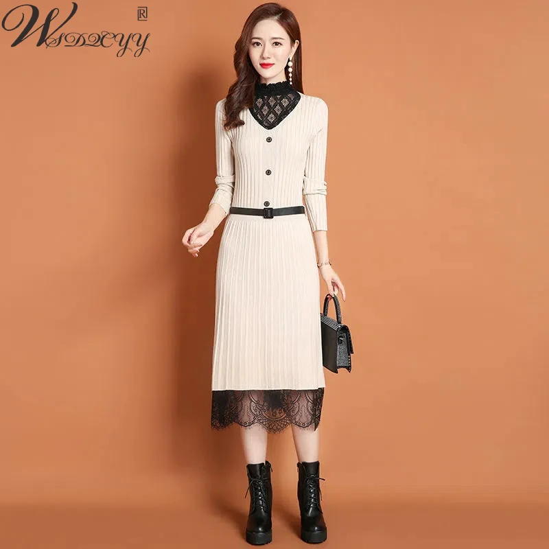 

Женское кружевное Повседневное платье в стиле пэчворк с поясом высококачественный пуловер вязаное зимнее платье миди универсальное Свобо...