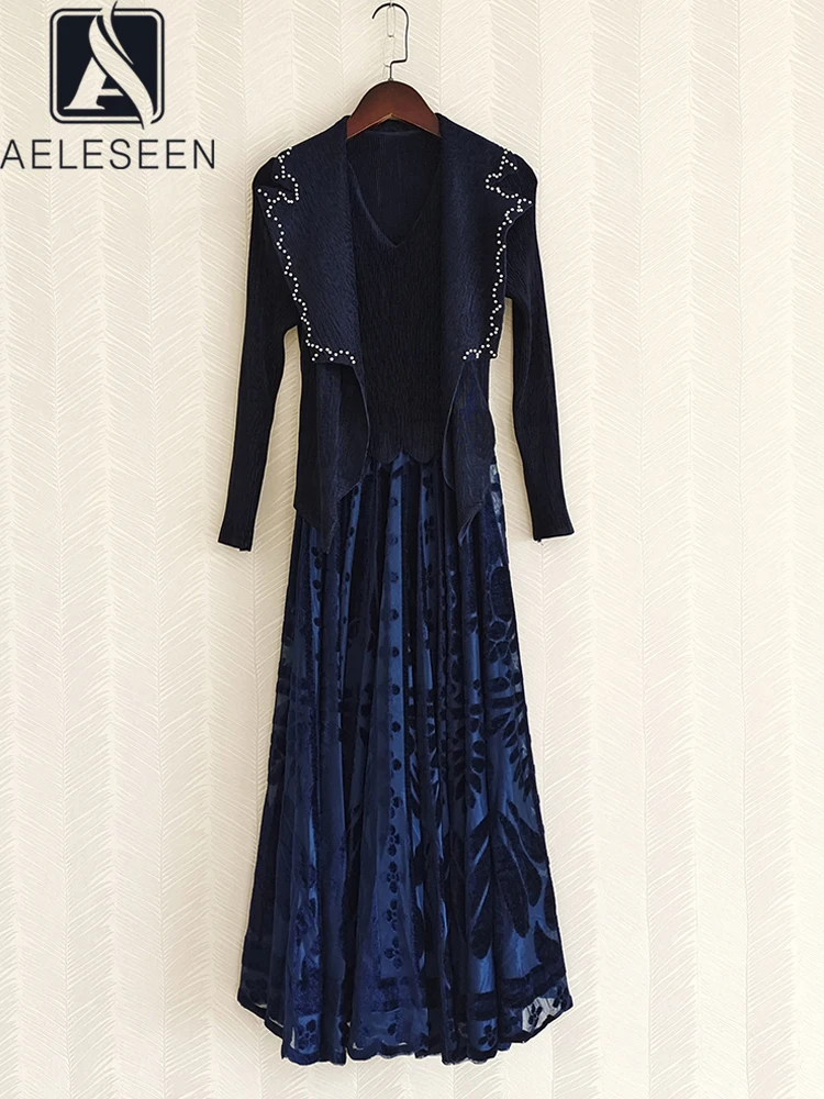 

Женское плиссированное платье AELESEEN, весенне-осеннее платье с длинными рукавами и жемчужинами, вечерние платья с цветочной вышивкой