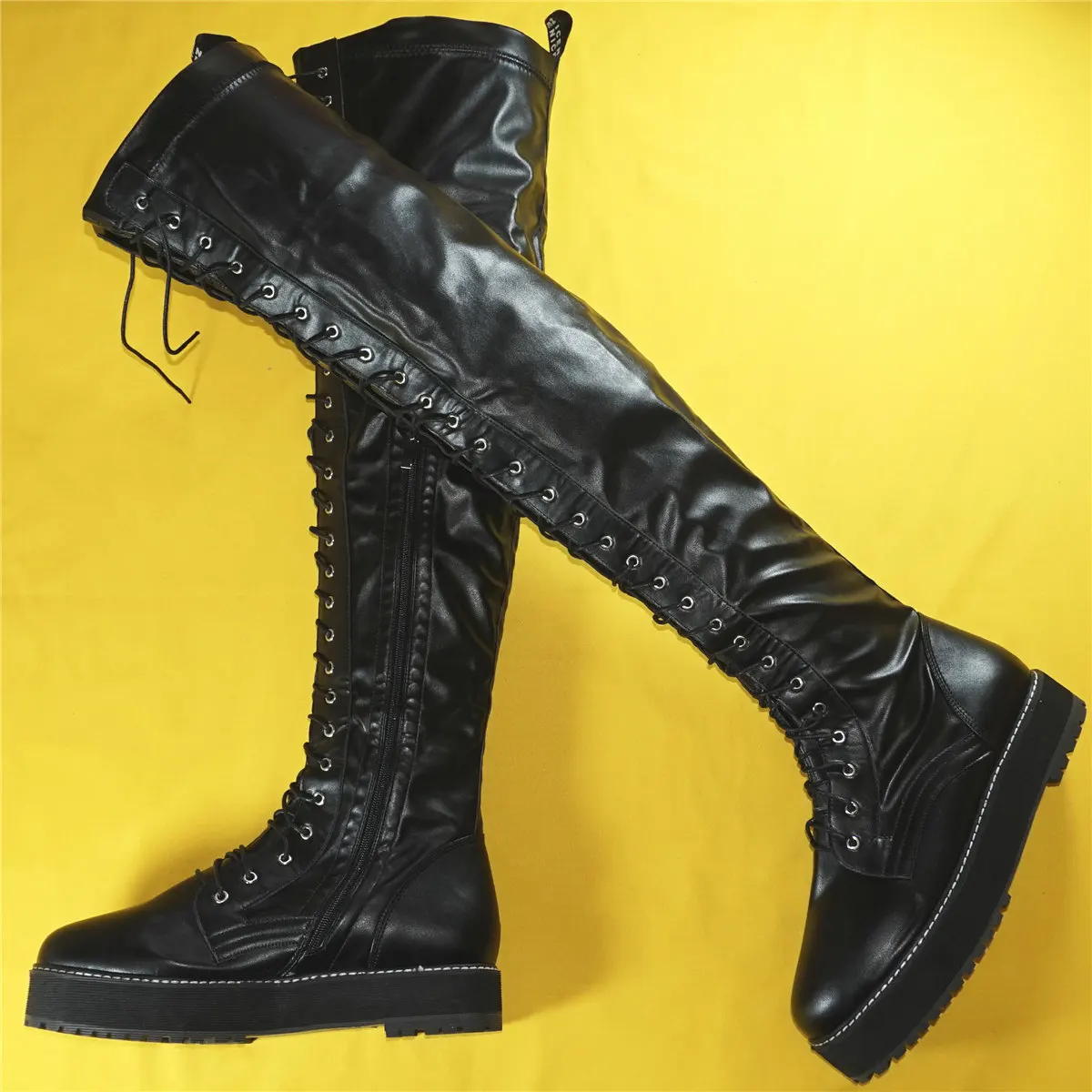 Platform Pumps Shoes Women Lace Up Over The Knee High Motorcycle Boots Female Round Toe Thigh High Fashion Sneakers Casual Shoes