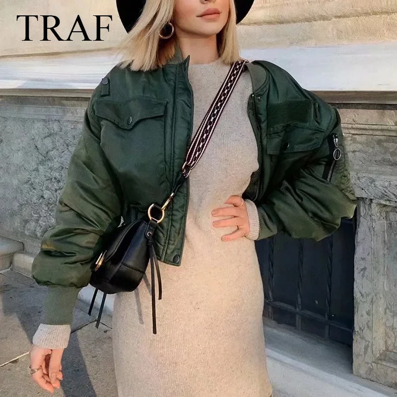 

TRAF Stylish Lady Autumn Winter Green Jackets Women Fashion Long Sleeve Zipper Bomber Jacket Outwear Women's Coat Street Wear