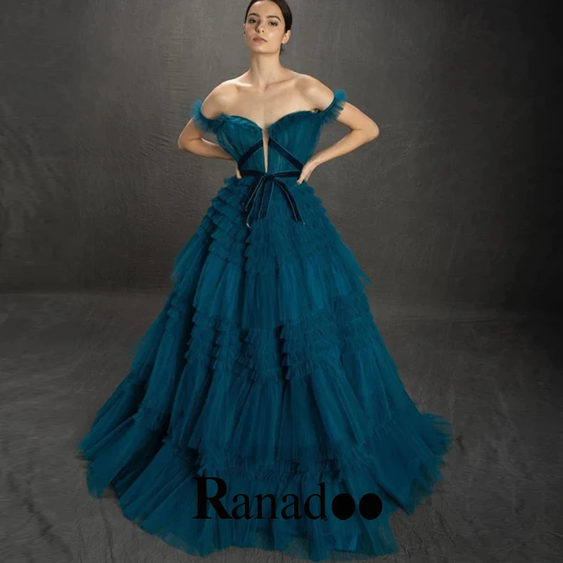 

V Neck Tiered Tulle Evening Dresses A Line Off The Shoulder Floor Length Backless Robes De Soirée Custom Made