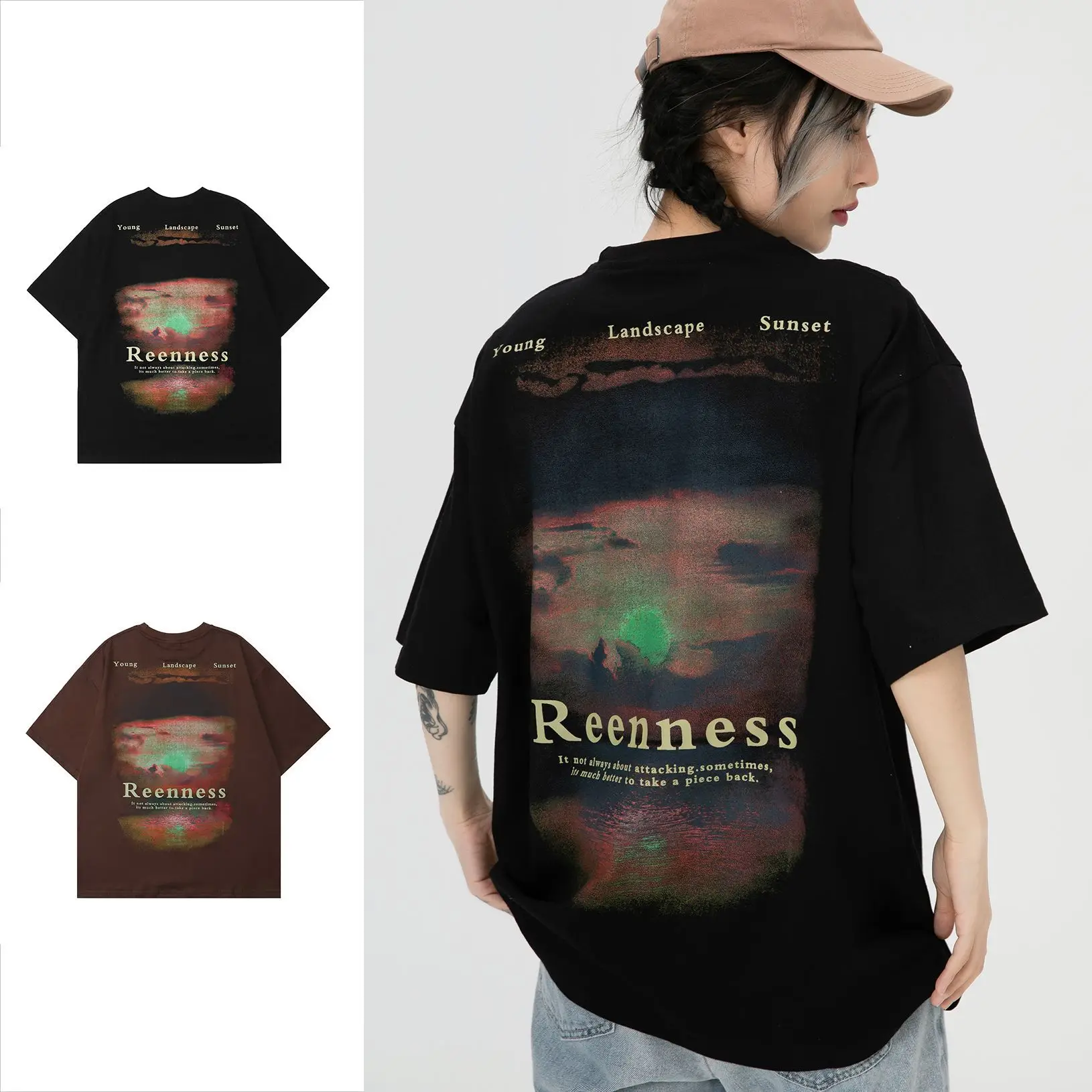

2022 Summer American Street High Street Sunset Short Sleeve T-shirt Unisex