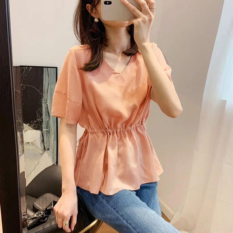 

Women 2022 Summer Fashion V-neck Loose Shirts Tops Female Ruffled Solid Color Blouses Ladies Short Sleeve Pullover Shirts J54