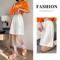 white ice silk knee length pants side letters elastic high waist drawstring womens summer thin 2022 loose wide leg ins shorts