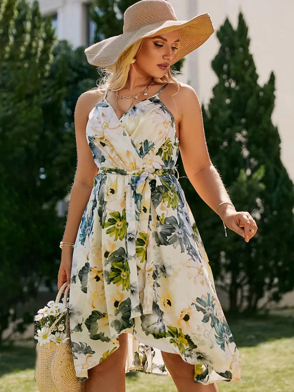 

Jastie Vintage Print Chic Midi Dress Women Bandage V Neck Sleeveless Loose Hem Summer Vestido Boho Chiffon Holiday Beach Dresses
