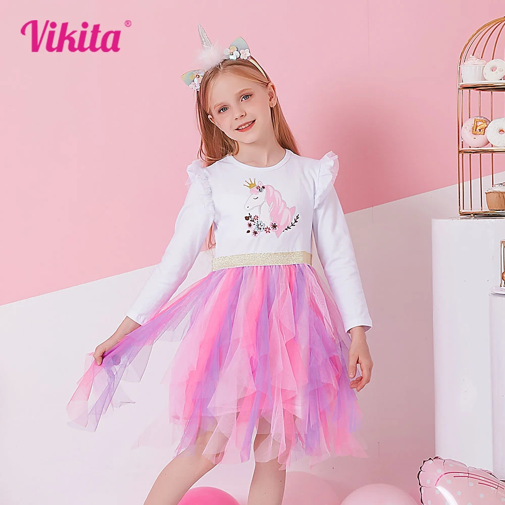 VIKITA Girl Autumn Dress Children Princess Costumes Birthday Party Unicorn Print Tulle Dresses Kids Irregular Dress 3 to 8 Yrs 1 VIKITA Girl Autumn Dress Children Princess Costumes Birthday Party Unicorn Print Tulle Dresses Kids Irregular Dress 3 to 8 Yrs 1