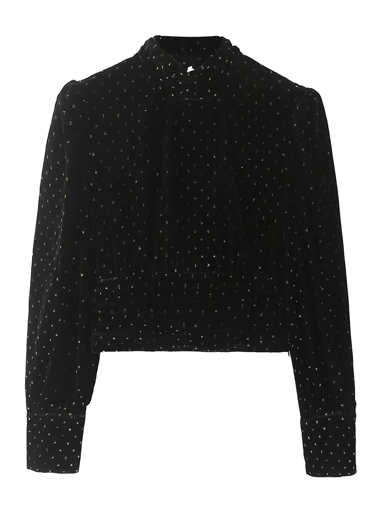 

2022 Women Shiny Black Velvet Blouse Long Sleeve Stand Collar Female Vintage Crop Top