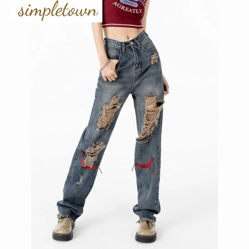 2023 Personalized Versatile Student Vintage Distressed Jeans Fashion Brand Wash Embroidery Street Loose Straight Leg Pants